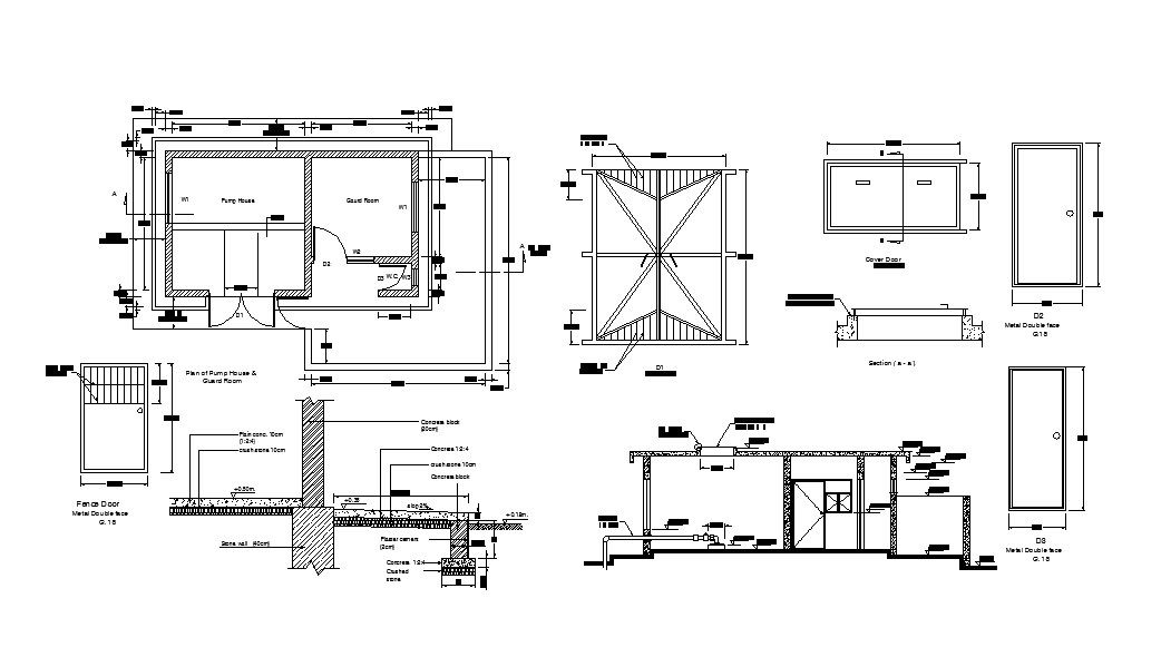 Pump house section, plan, construction and auto-cad details dwg file