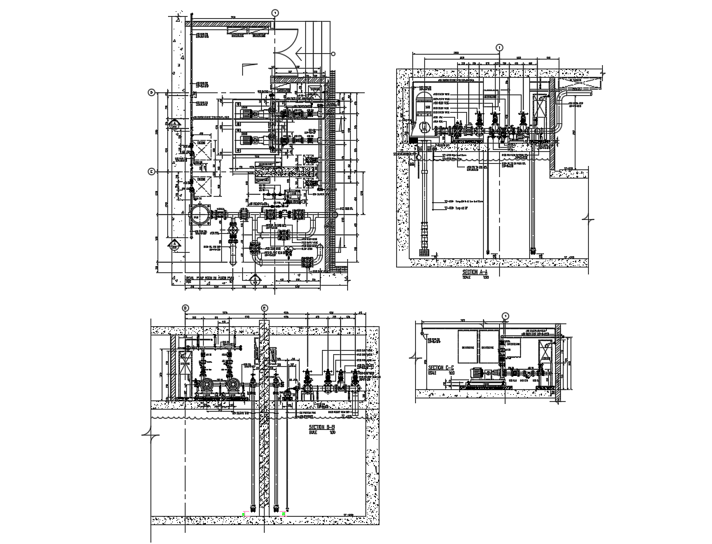 Pump house section and plumbing cad drawing details dwg file