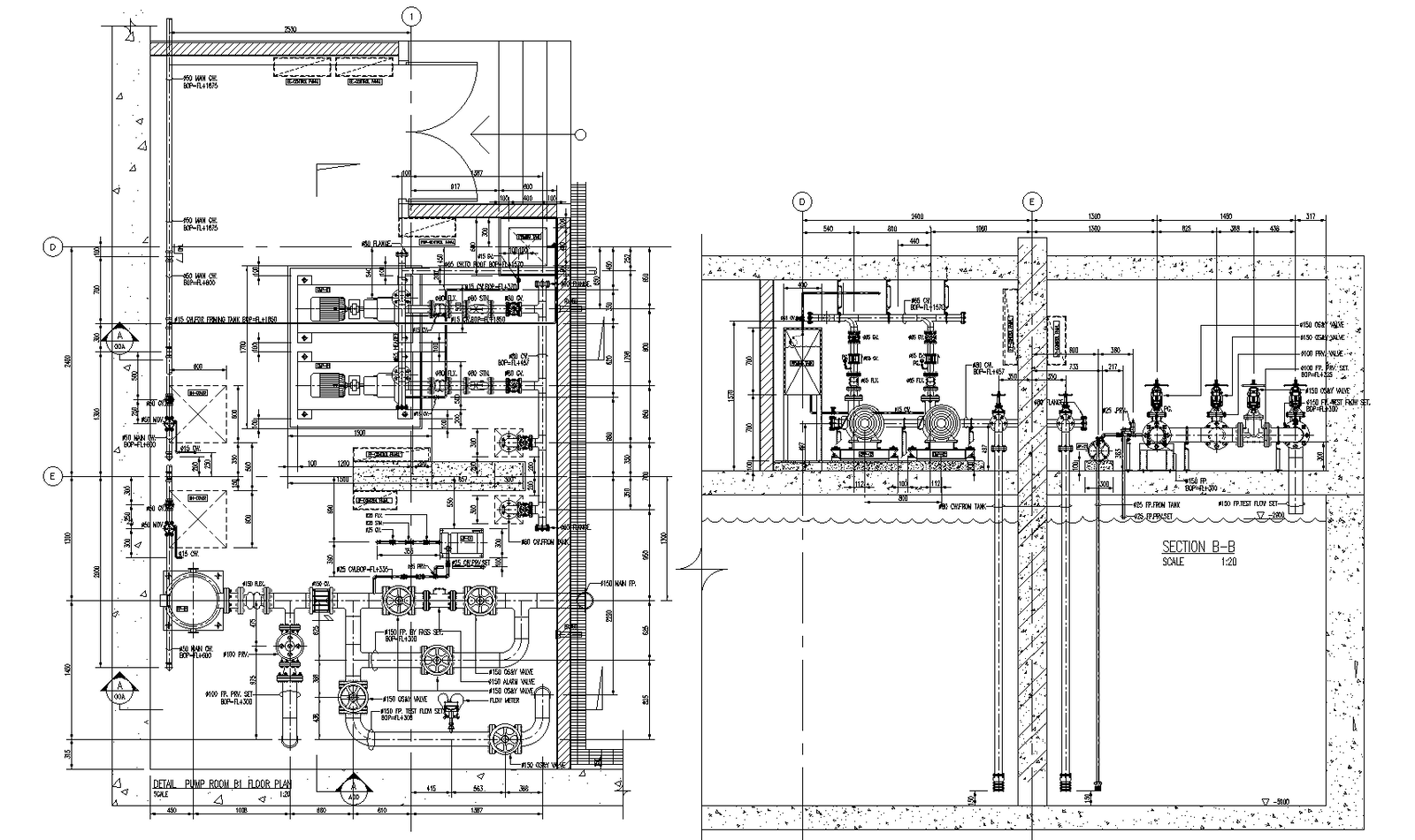 Pump room plan detail dwg file,