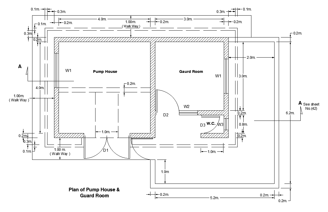 Pump house and guard room plan is given in this AutoCAD file