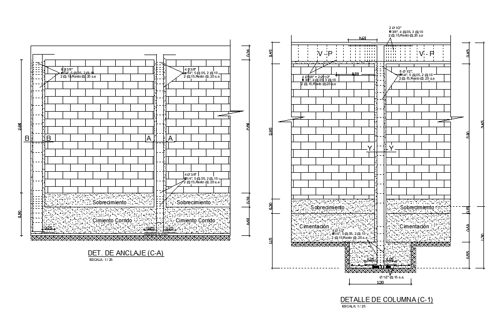 RCC Colum With Burnt Brick Wall Construction Drawing Download Free DWG File