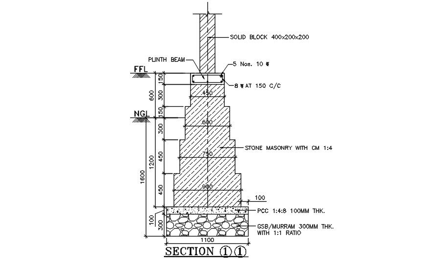 RCC Foundation Column With Plinth Beam Section Drawing DWG File