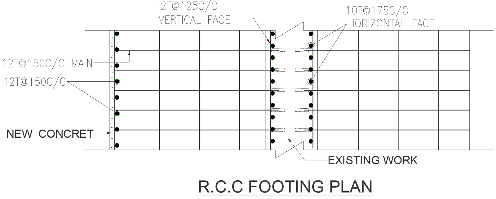 RCC footing plan with existing work and new concrete design dwg autocad drawing .