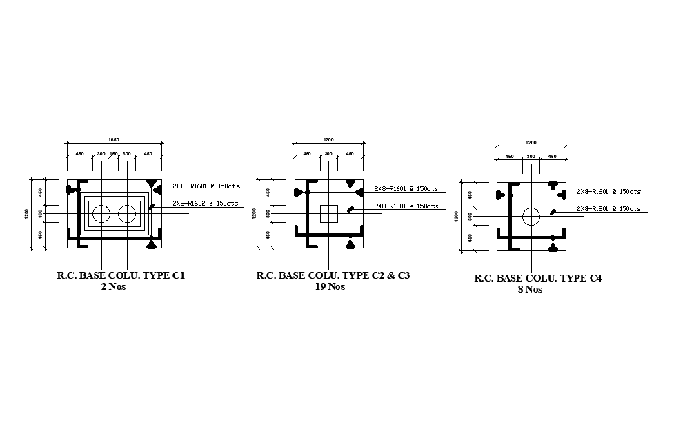 RC base column type details are given for 21x15m show room plan is given in this Autocad drawing file.Download now.