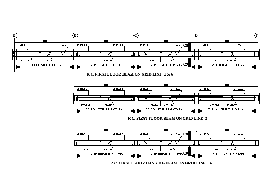 RC first floor hanging beam on grid line details are given for 14x19m work shop building is given in this Autocad drawing file. Download now.