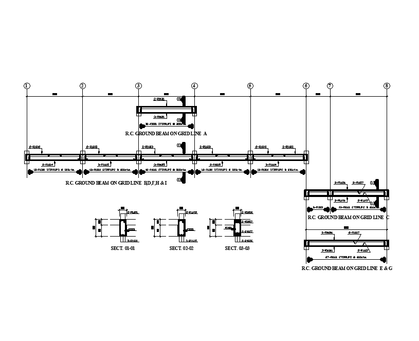 RC ground beam on grid line is given in this Autocad drawing file. Download now.