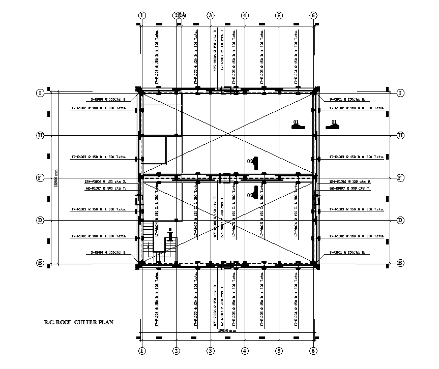 RC roof gutter plan is given for 14x19m work shop building in this Autocad drawing file.  Download now.
