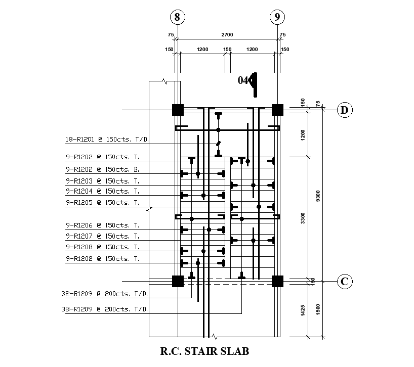 RC staircase slab plan is given for 21x15m show room plan in this Autocad drawing model. Download now.
