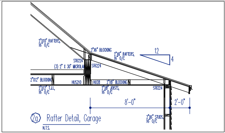 Rafter detail, garage dimension detail and naming detail dwg file