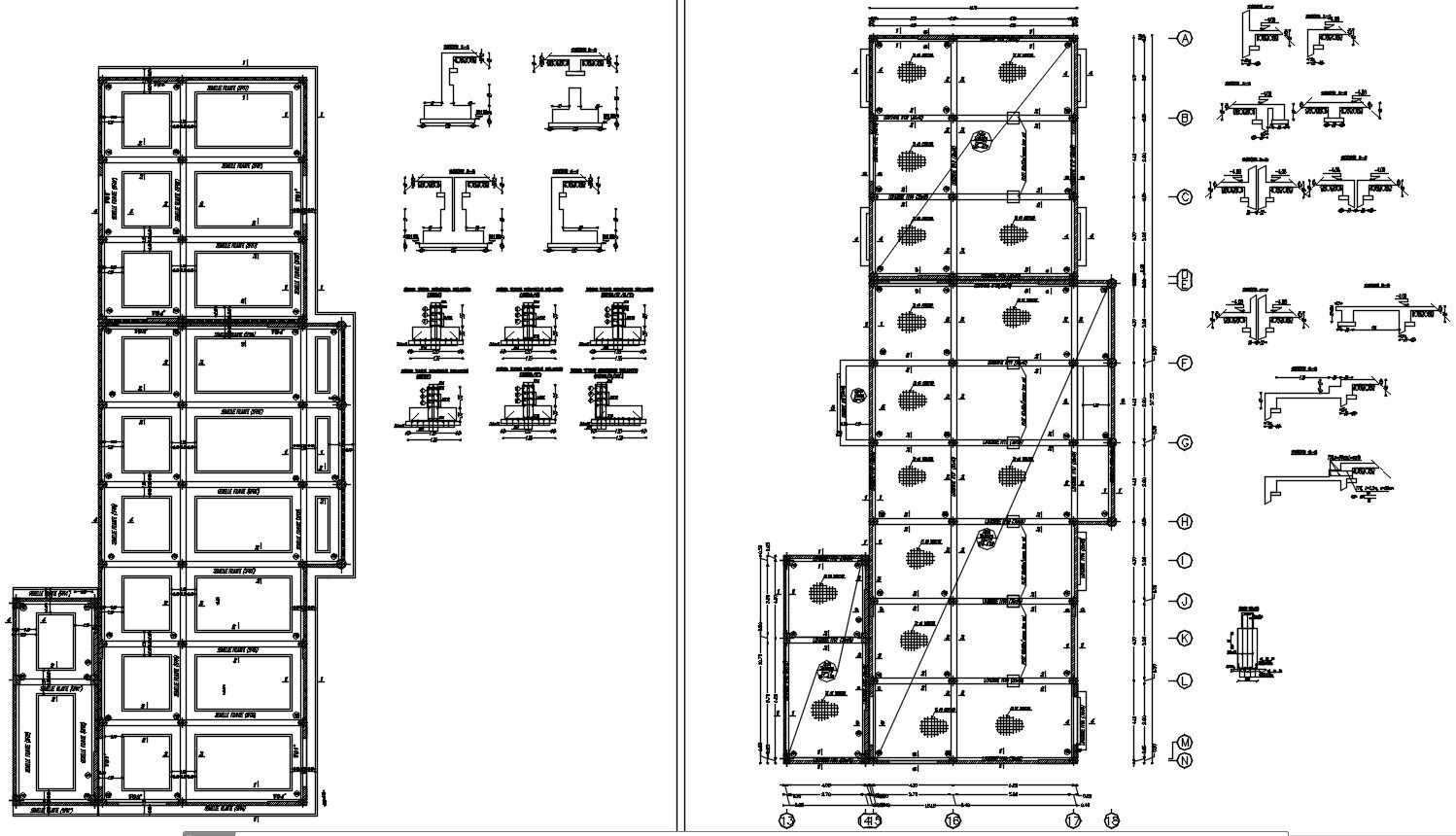 Raft foundation, coffrage foundation layout plan and footing sections design in AutoCAD 2D drawing, CAD file, dwg file