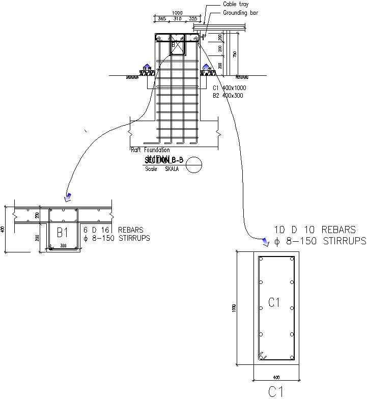 Raft foundation stirrup details Autocad file , cad drawing , dwg format