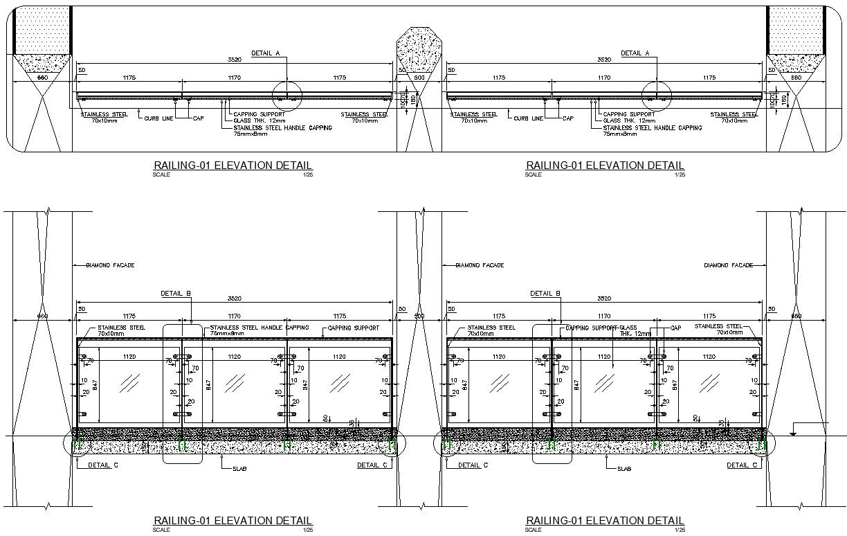 Railing design in AutoCAD 2D, CAD file, dwg file