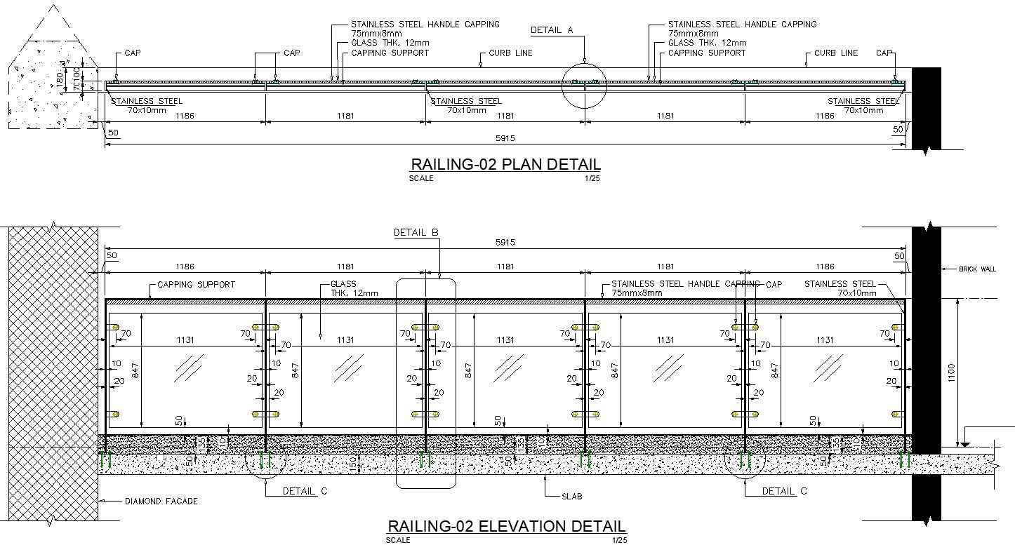 Railing design with plan and elevation in detail AutoCAD drawing