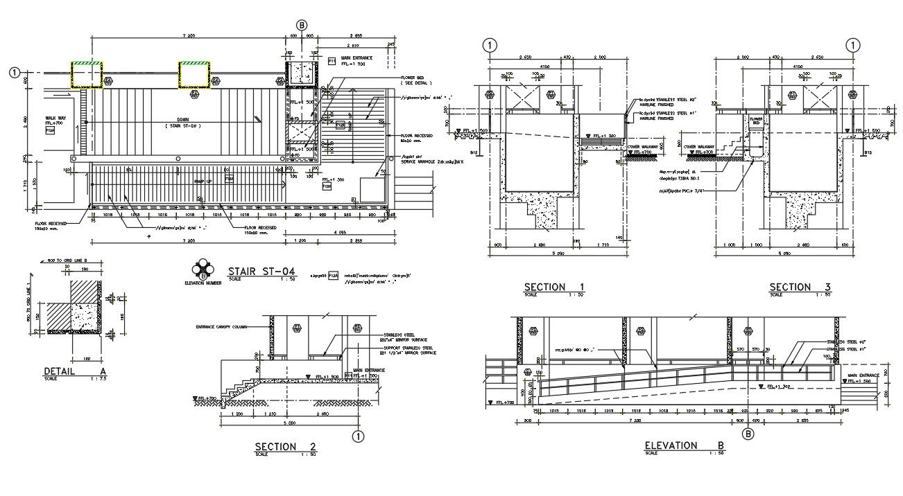 Ramp With Staircase Plan And Sectional Elevation Drawing DWG File