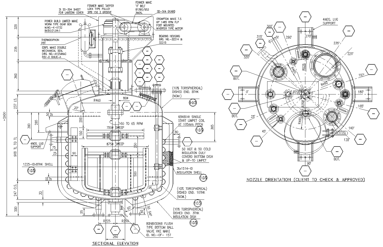 Reactor Sectional Elevation and Nozzle Orientation detail DWG AutoCAD file