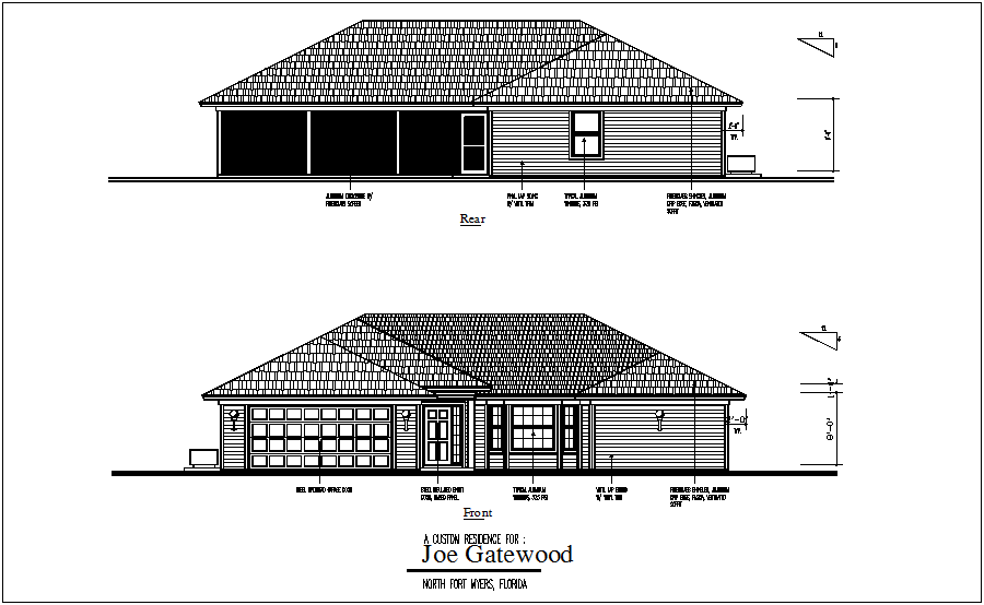Rear and front view of bungalows dwg file