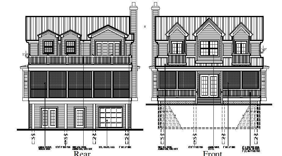 Rear and frontal elevation of three story residential house dwg file