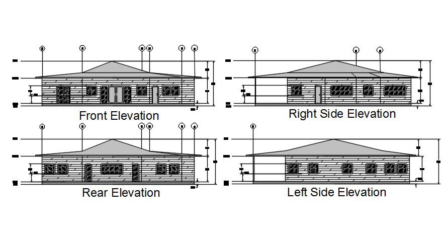 Rear, Front, Left and Right view of small house Elevation details is given in this AutoCAD DWG drawing.Download the AutoCAD 2D DWG file.
