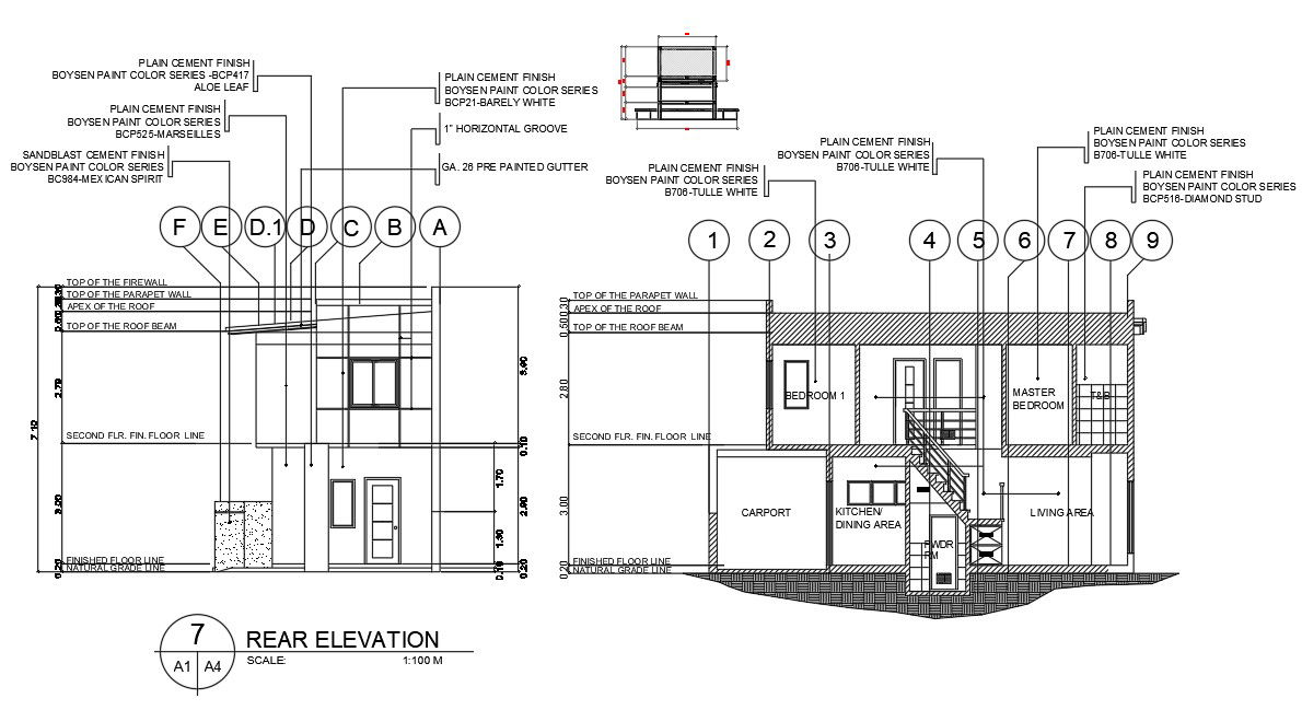 G Plus 1 Elevation Design DWG File with Rear and Side House Plan
