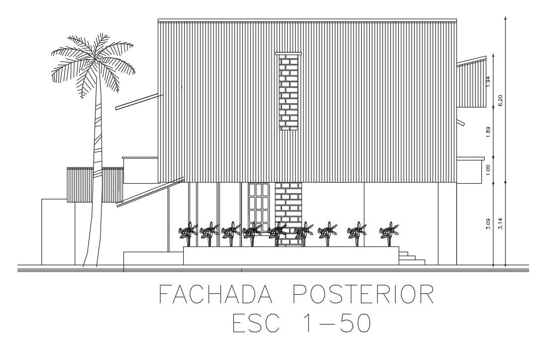 Rear elevation view of 18x15m house building is given in this Autocad drawing file.Download the Autocad model.
