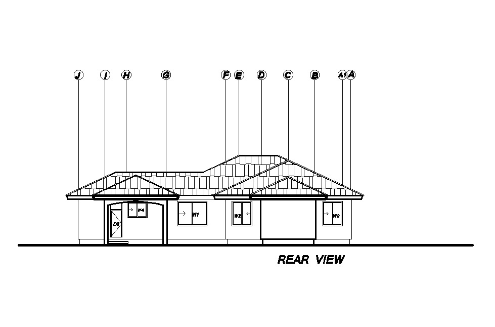 Rear elevation view of 20x19m house plan is given in this Autocad drawing file. Download now.