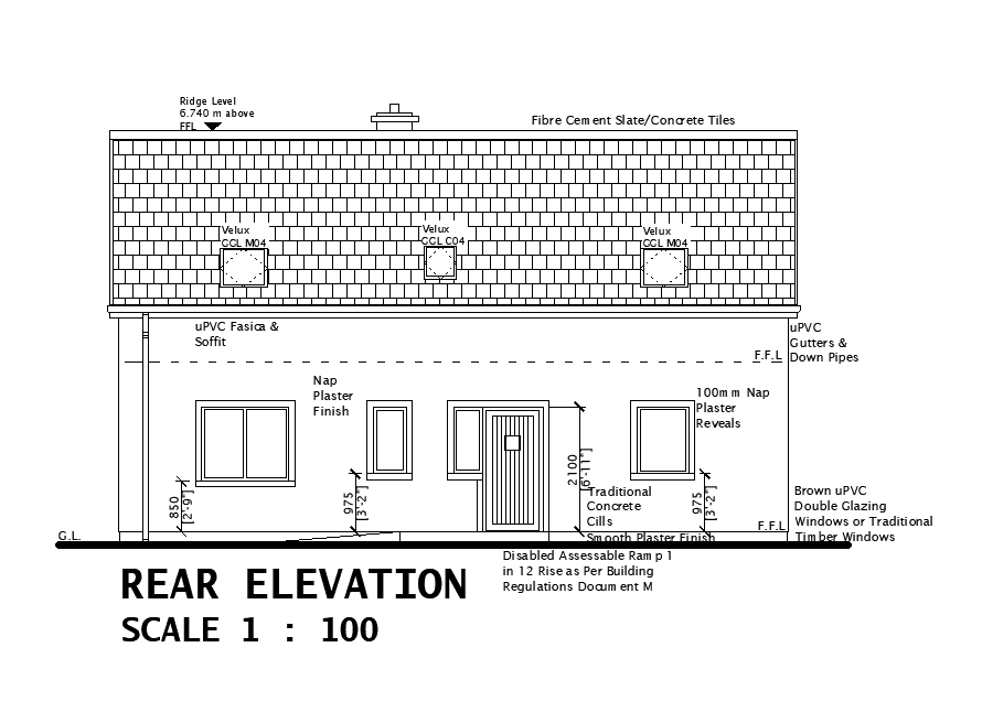 Rear side elevation of 11x8m house plan is given in this Autocad drawing file.Download now.