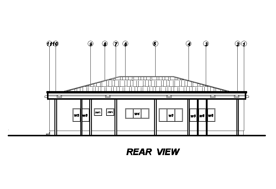 Rear view of 18x14m house plan is given in this Autocad drawing file. Download now.