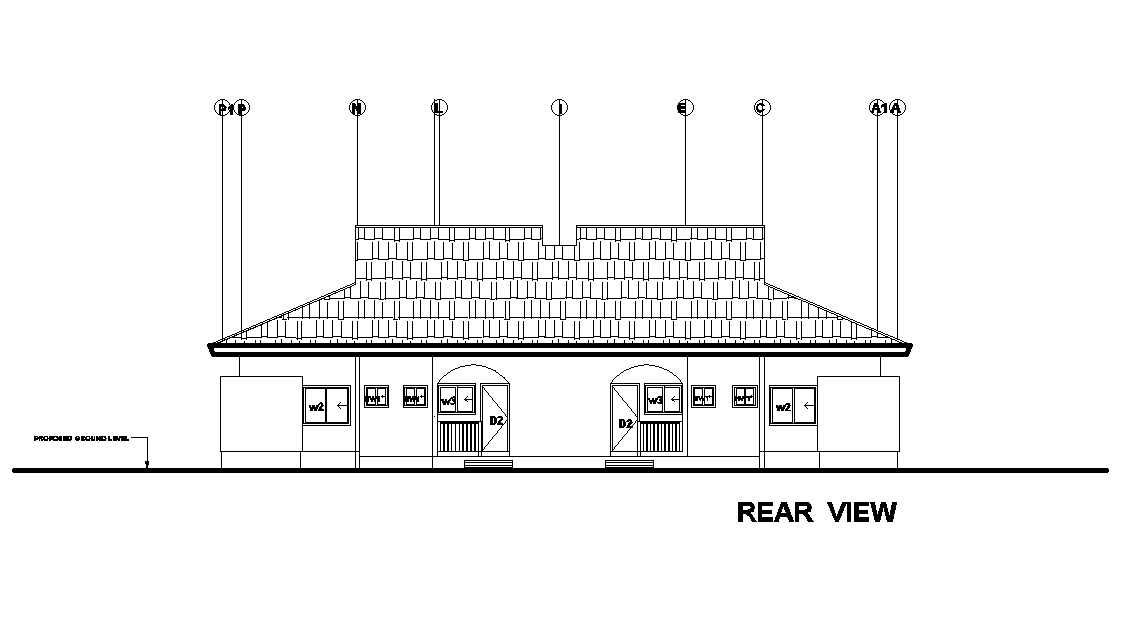 Rear view of 21x18 ground floor house plan is given in this Autocad DWG drawing file. Download now.