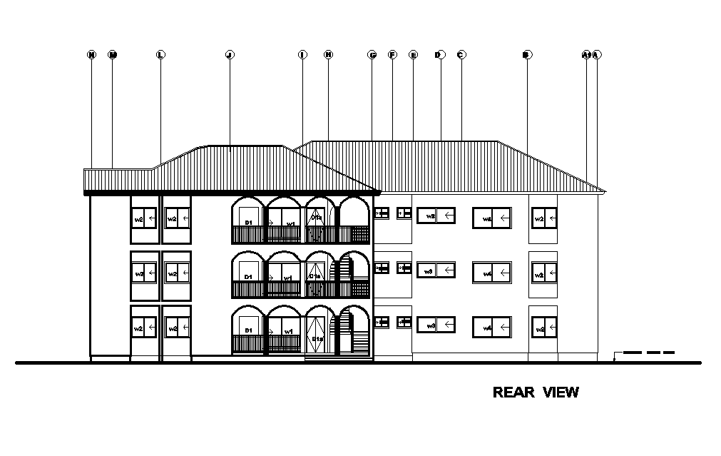 Rear view of 30x14m house plan is given in this Autocad drawing file. Download now.