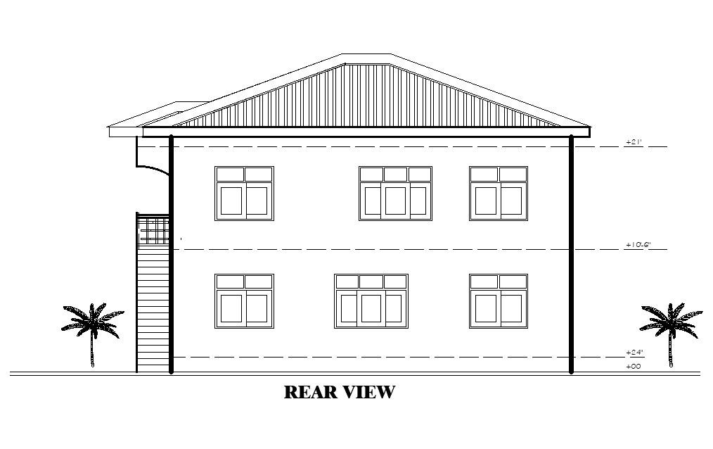 Rear view of 40’x32’ house plan is given in this Autocad drawing file. Download now.
