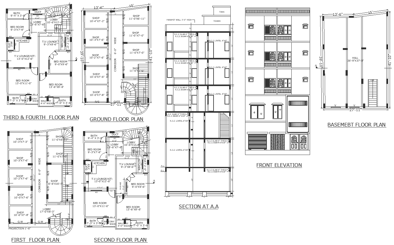 Recidencial and commercial spaces design in five storey apartment detail plan section and elevation design DWG AutoCAD drawing