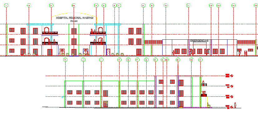 Regional Hospital Front and Back Elevations dwg file