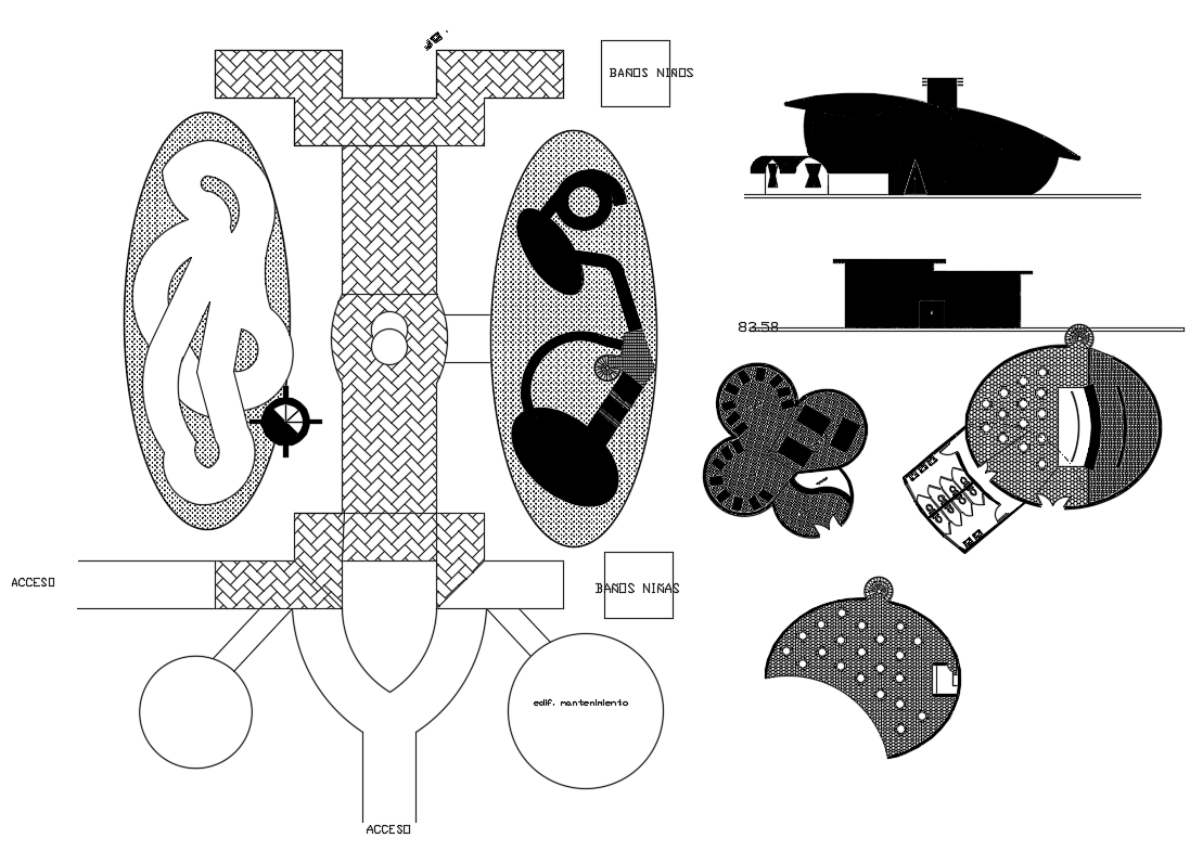 Regional garden gate elevation, landscaping, sanitary installation and auto-cad details dwg file