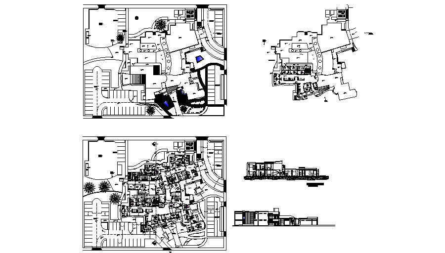 Regional hospital elevation, section and distribution plan details dwg file