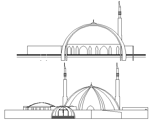 Regional mosque main elevation and side elevation dwg file