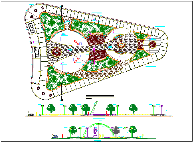 Regional public park elevation and landscaping details dwg file