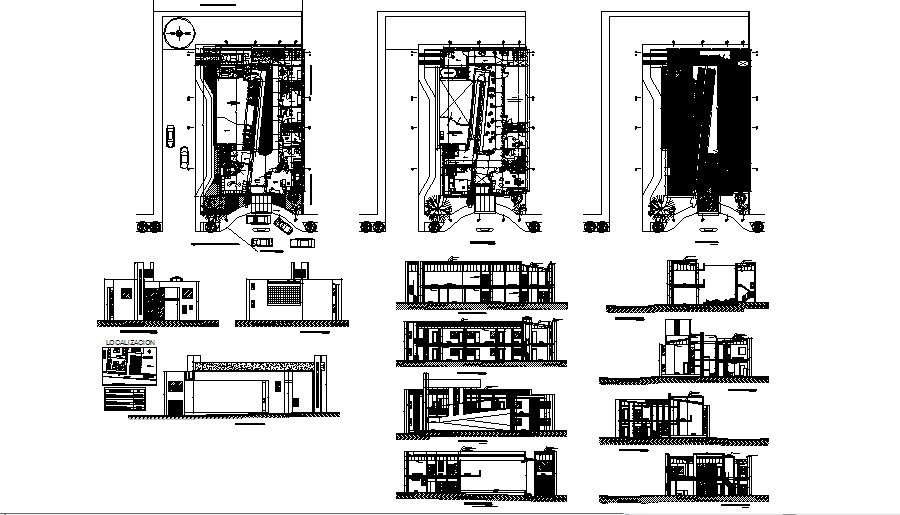 Rehabilitation center all sided elevation, section and plan details dwg file