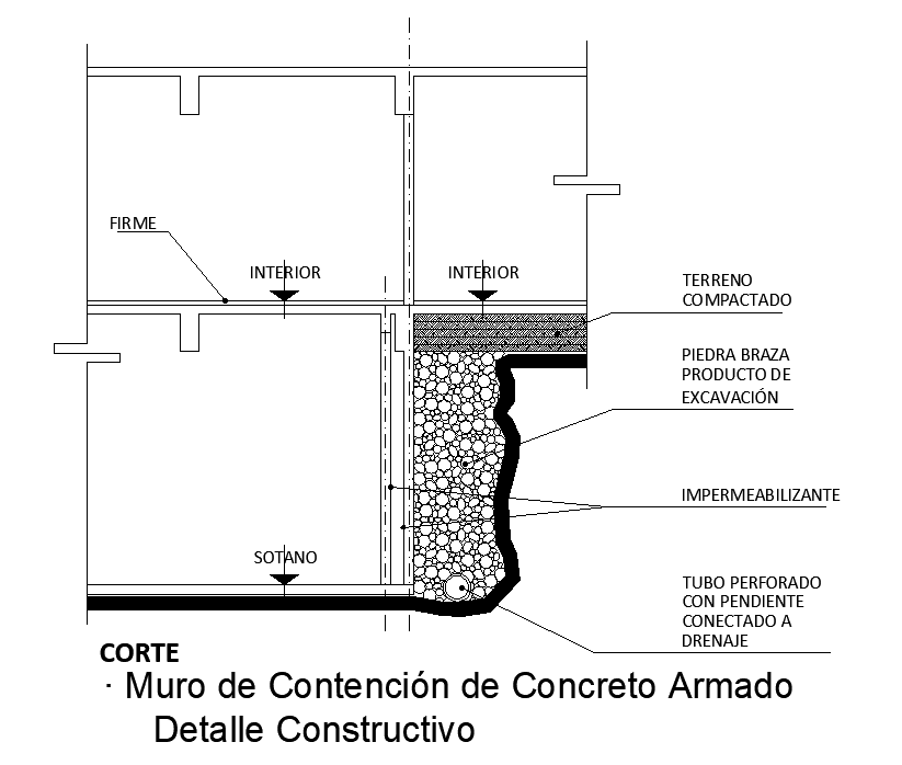 Reinforced Concrete Retaining Wall Section CAD Drawing DWG File