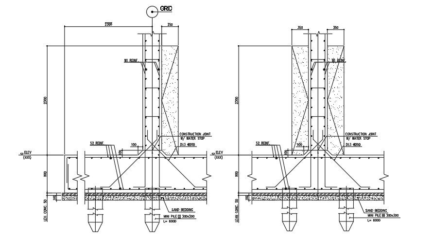 Reinforced concrete pile foundation section drawing