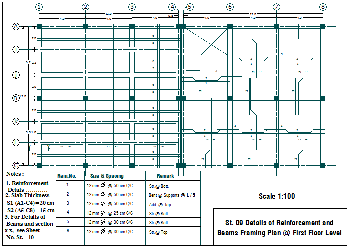 Reinforcement arrangement plan layout of slab detail dwg file