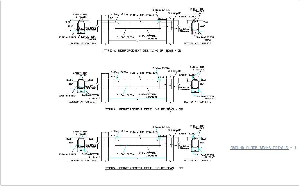 Reinforcement detail of beam section and elevation for ground floor for office area dwg file