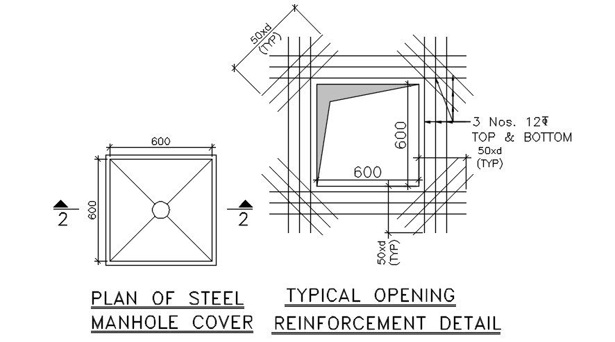 Reinforcement details and plan of steel manhole cover are given in this 2D Autocad DWG drawing file. Download the Autocad DWG drawing file.