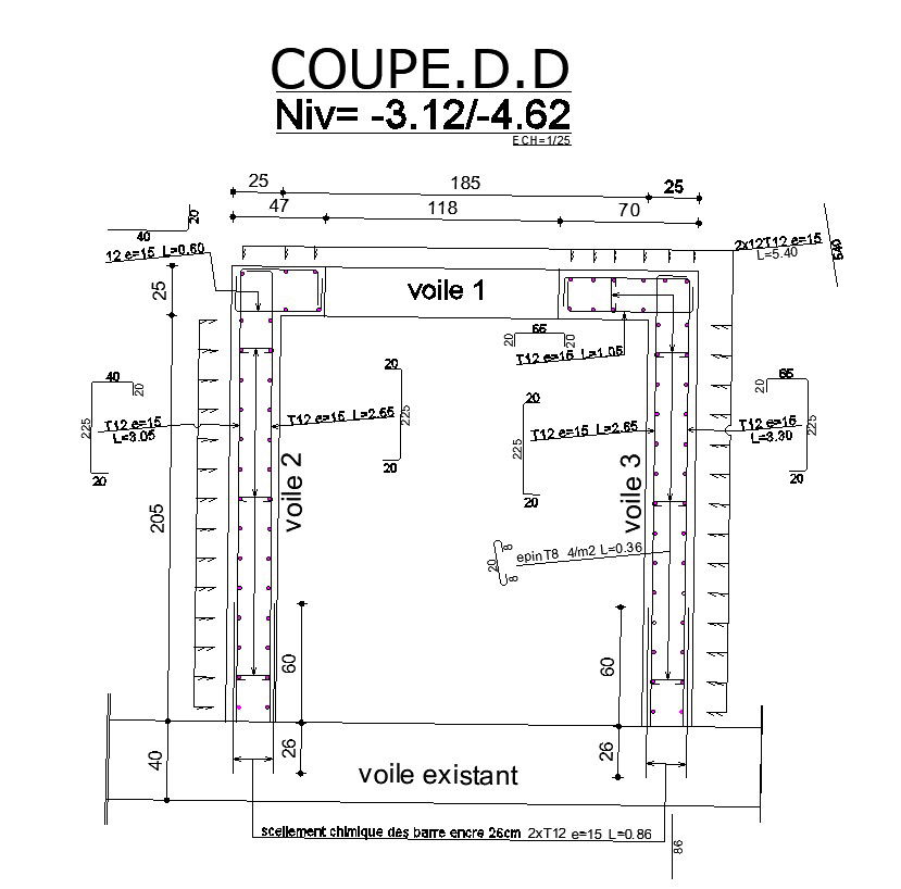 Reinforcement details of cross section D-D in AutoCAD 2D drawing, CAD file, dwg file