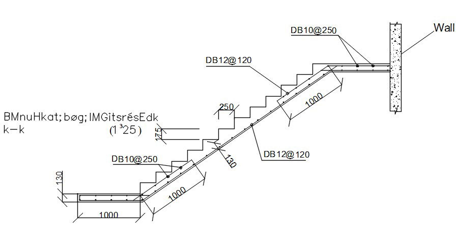 Reinforcement details of staircase in AutoCAD 2D drawing, dwg file, CAD file