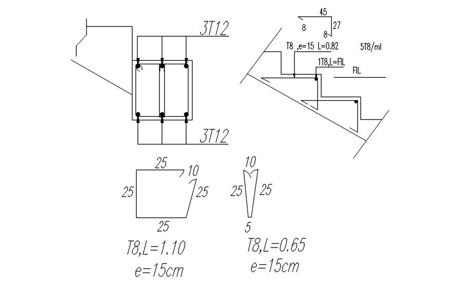 Reinforcement details of stairs and platform in AutoCAD 2D drawing, CAD file, dwg file