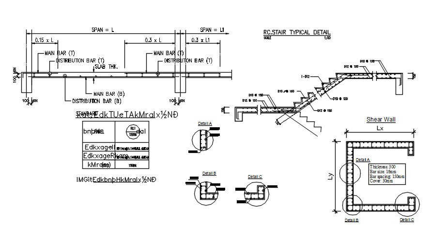 Reinforcement details of stair, wall and slab in AutoCAD 2D drawing, dwg file, CAD file