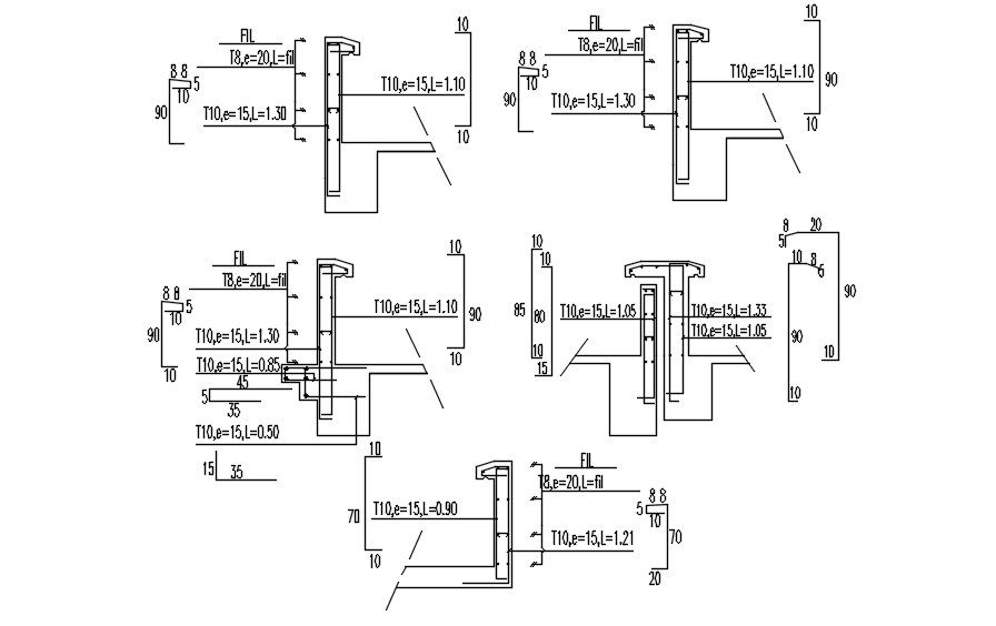 Reinforcement details of the coping in AutoCAD 2D drawing, CAD file, dwg file