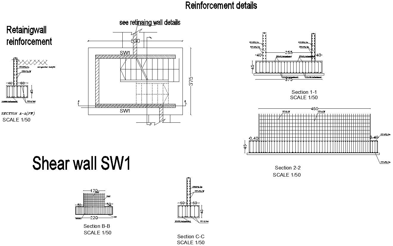 Reinforcement details sheer wall in AutoCAD, dwg file.