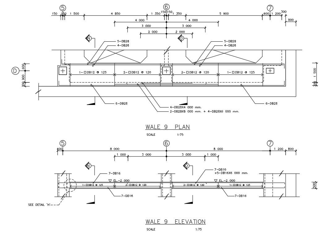 Reinforcement wale plan and elevation details are given in this AutoCAD DWG file. Download the AutoCAD DWG file now.