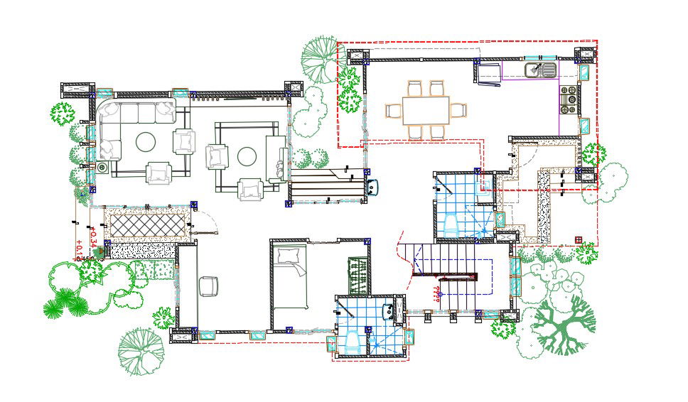 Residence Bungalow Ground Floor Plan AutoCAD File